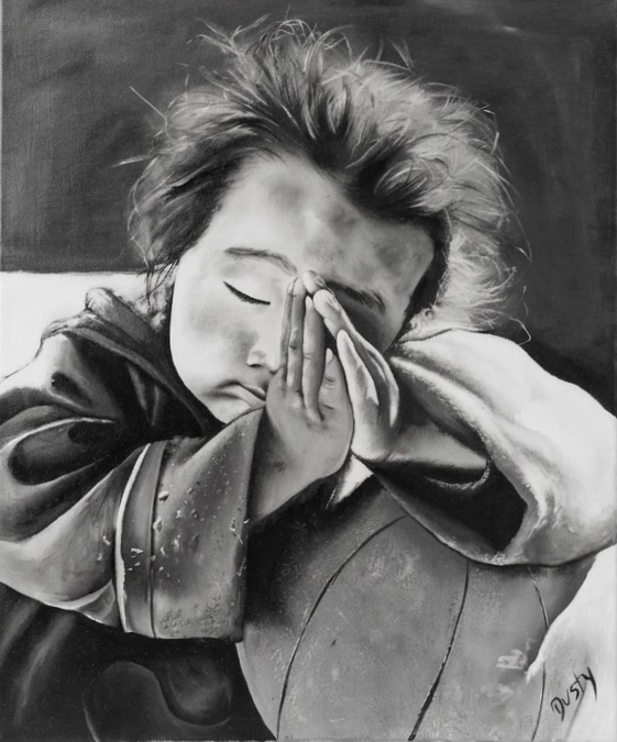 A Child Praying (Whispers of Faith) - black and white oil painting of a child with hands folded in prayer, by Biljana Mancini
